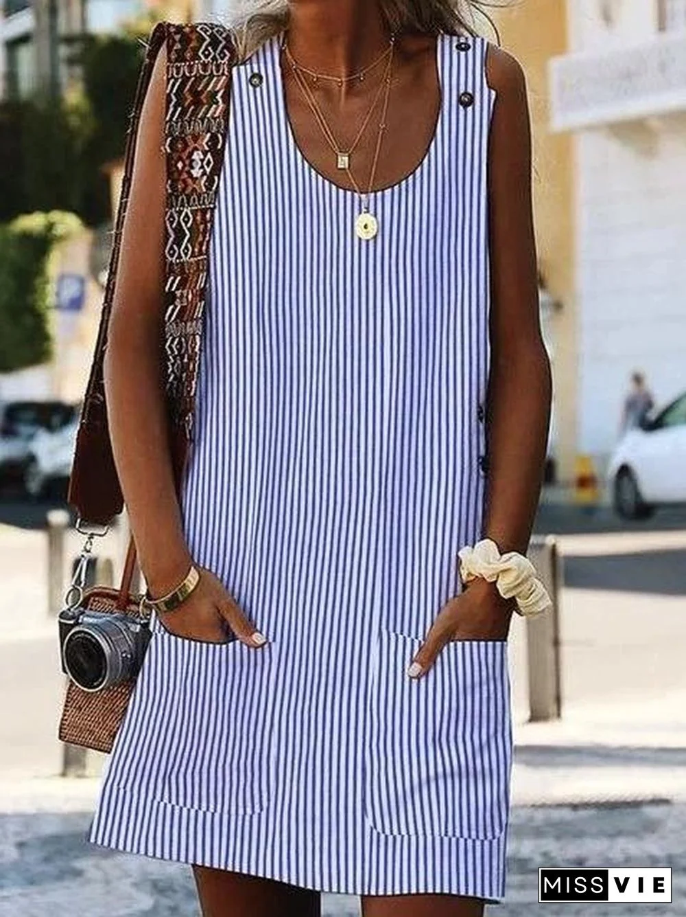 Crew Neck Women Dresses Shift Daily Boho Pockets Striped Dresses