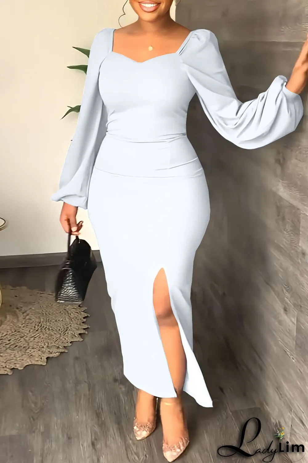 Yellow Fashion Casual Solid Slit Square Collar Long Sleeve Dresses