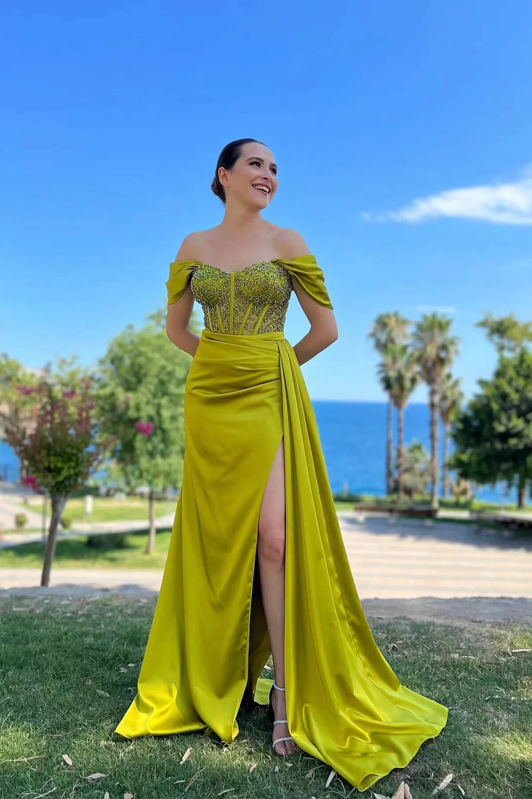 Bellasprom Olive Green Off-the-Shoulder Prom Dress Slit With Beads