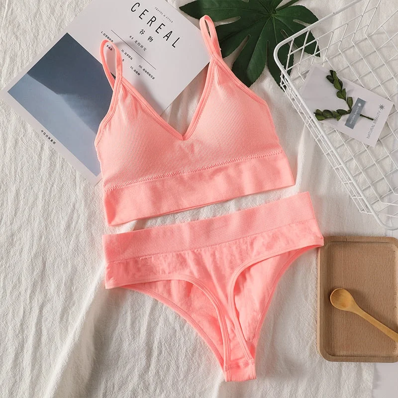 Women Bra Panties Set Sexy G-String Push Up Bra Crop Top Seamless Underwear Fitness Active Bra Top Thongs Female Lingerie Set