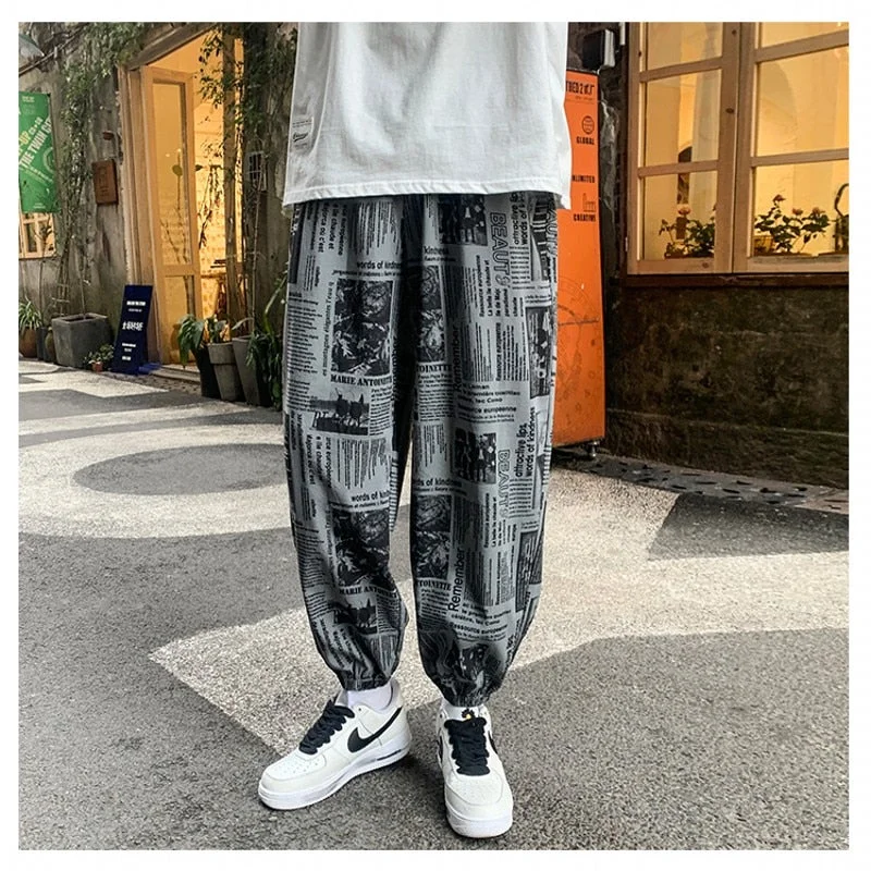 Woherb Harajuku Men's Harem Pants New Design Newspaper Printing Elastic Waist Loose Tapered Joggers Man Fashion Streetwear Clothing