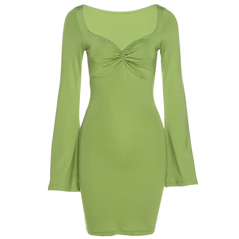 Solid Summer Fashion Slim Dress Women Elegant Square Collar Flare Long Sleeve Street Casual Bodycon Mini Dresses Ladyy