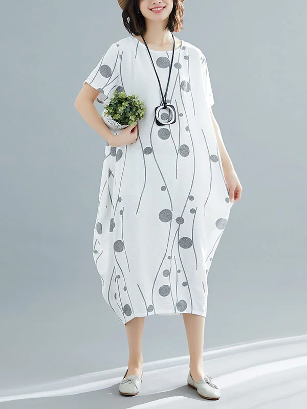 Loose Short Sleeves Printed Round-Neck Midi Dresses