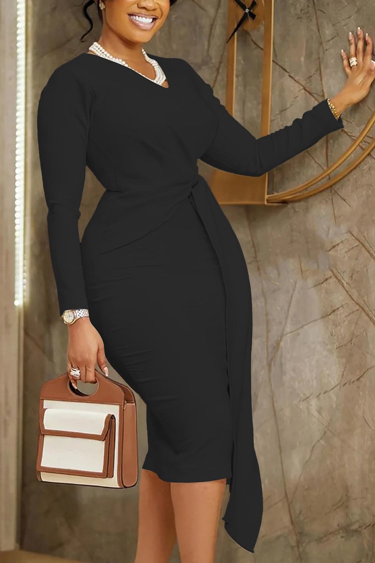 Xpluswear Plus Size Black Work V Neck Long Sleeve Bodycon Midi Dress 