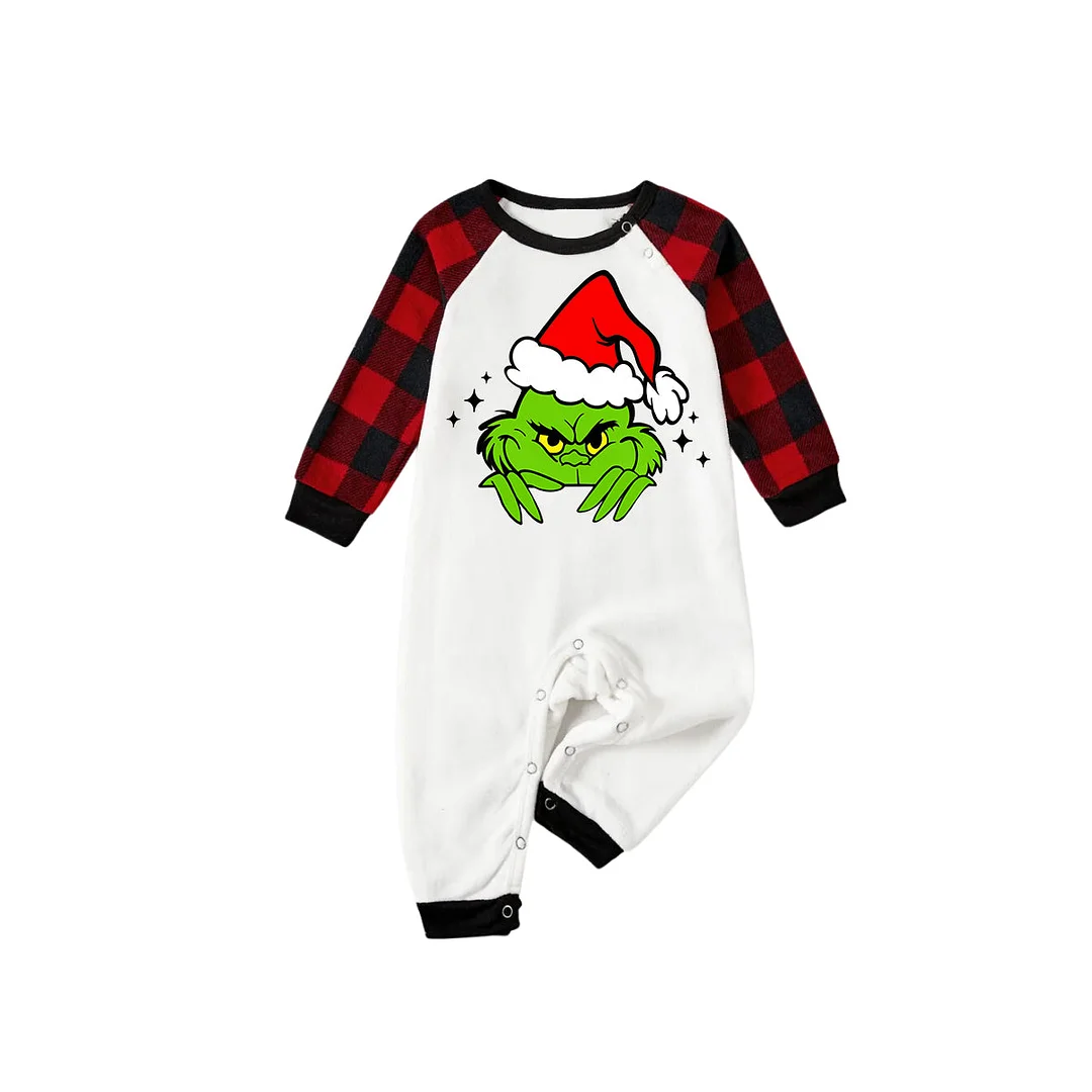 Christmas Cute Green Cartoon Pattern 2024 White Long Sleeve with Black&Red Plaid Pants Family Matching Pajamas