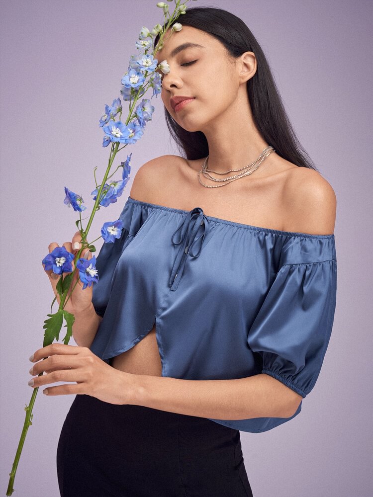Solid Satin Slit Tie Button Off Shoulder Short Sleeve Crop Top - Shop Trendy Women's Fashion | TeeYours