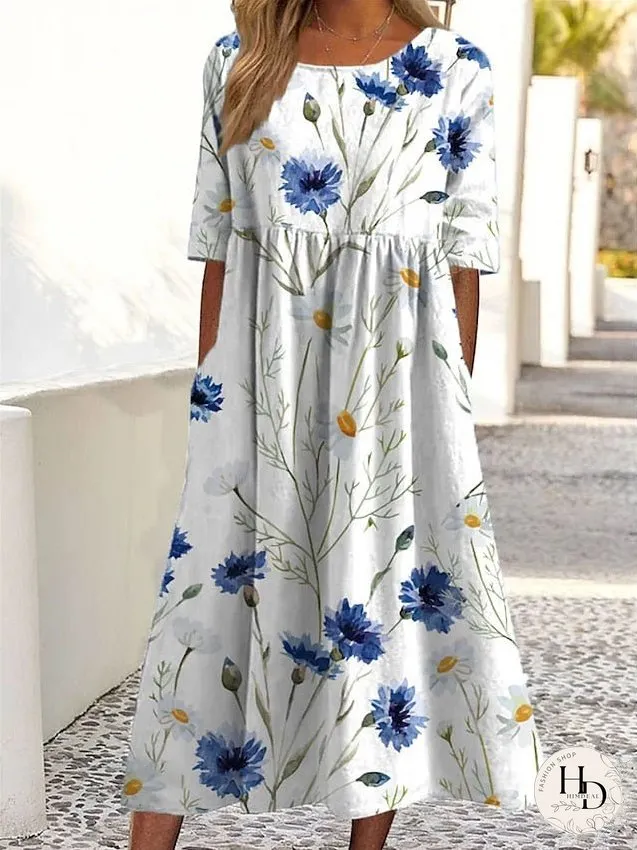 Casual Dress Summer Dress Print Dress Floral Ruched Pocket Crew Neck Midi Dress Fashion Streetwear Outdoor Street Short Sleeve Loose Fit White Blue Dark Blue Summer Spring S M L XL XXL for Women