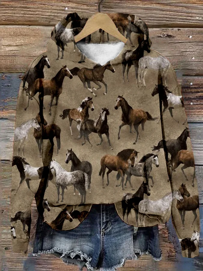 VChics Western Wild Horses Pattern Cozy Hoodie