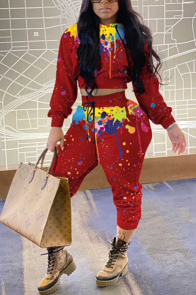Red Casual Print Hooded Collar Long Sleeve Two Pieces | EGEMISS