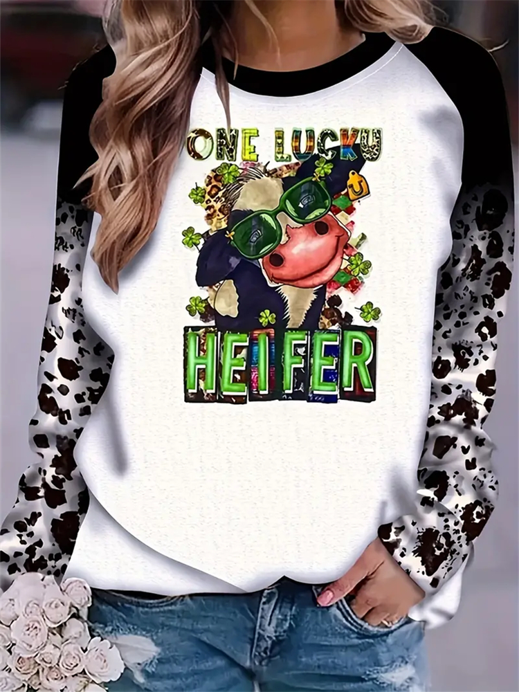Cow & Letter Print Pullover Sweatshirt wearshes