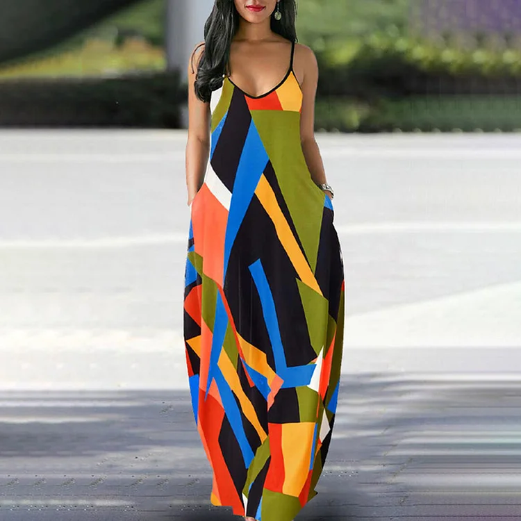 Vefave Sling Multicolor Geometric Contrast Maxi Dress
