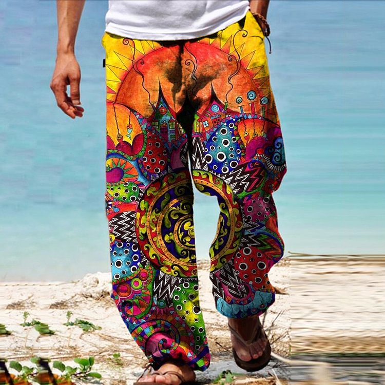 Printed cotton linen pants casual pants