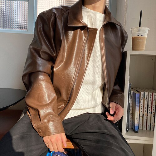 new Men's Pu Leather Jacket Faux Leather Jacket Street Coat Mens Leisure Overcoat Turn-down Collar Long Sleeve Trench Coat