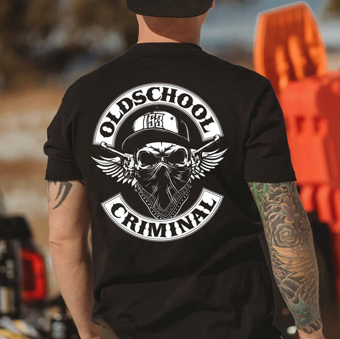 OLD SCHOOL CRIMINAL Helmet Skull Print Men's T-shirt