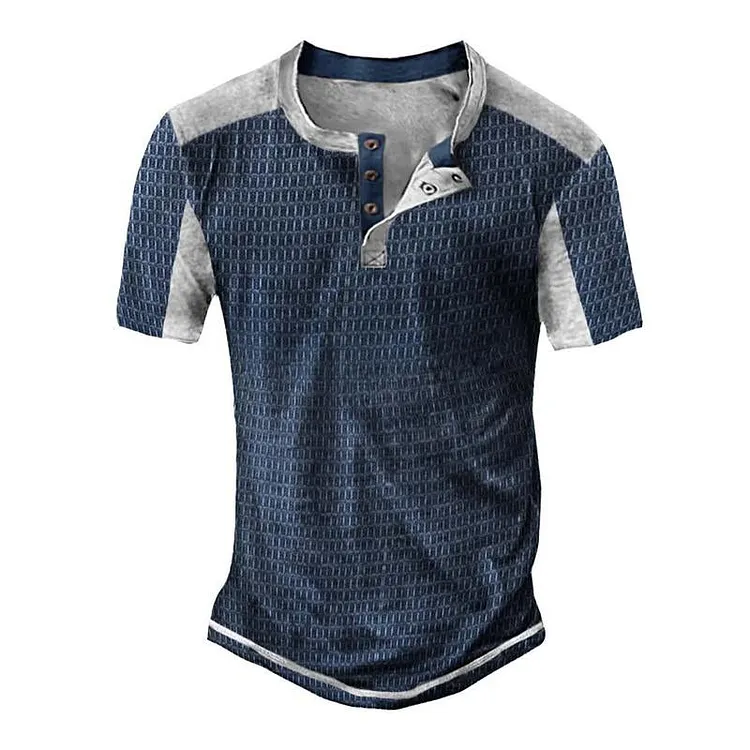 Men's Printed Color Block Short Sleeve Henley T-Shirt