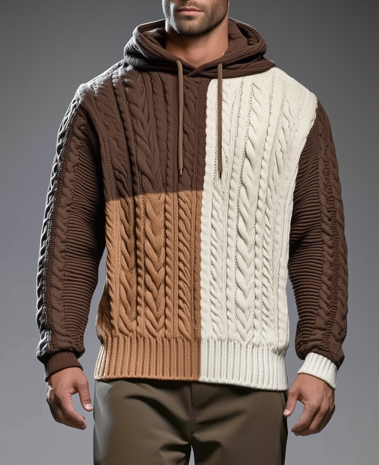 Okaywear Cable Knit Long Sleeve Drawstring Color Blocks Hoodie