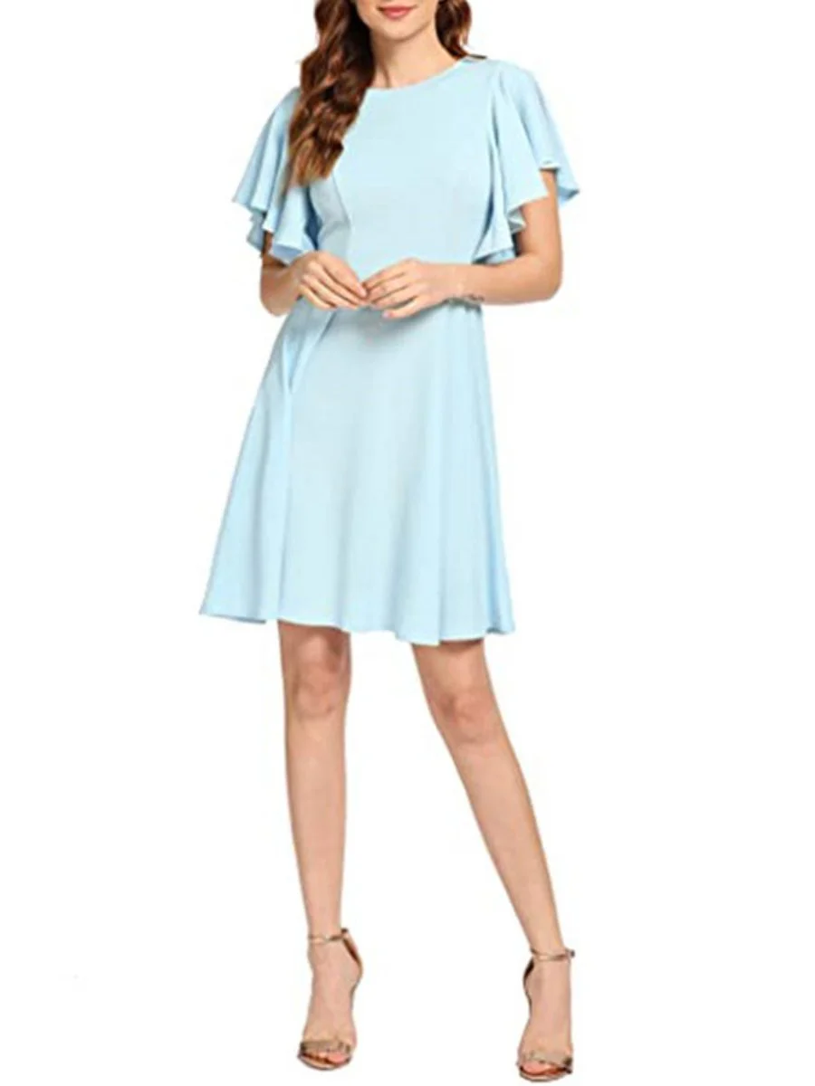 Homecoming Dress Ruffle Sleeve Crew Neck Solid Color Elegant Swing Dress