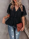 Solid Color Lace Split-Joint Short Sleeves Shirt Tops
