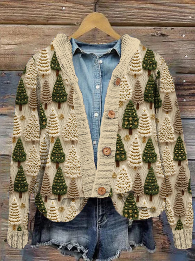 Christmas Tree Embroidery Art Casual Cozy Knit Cardigan Sweater