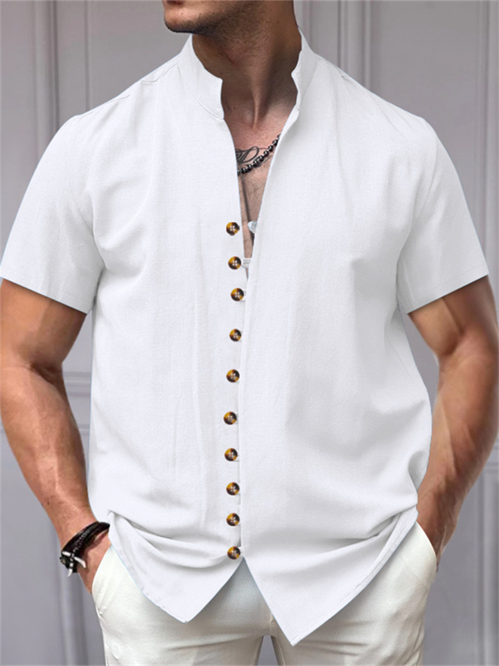 Summer Men's T-shirt Vintage Hemp Buttons Collar Short-sleeved Solid Color Short-sleeved Shirt