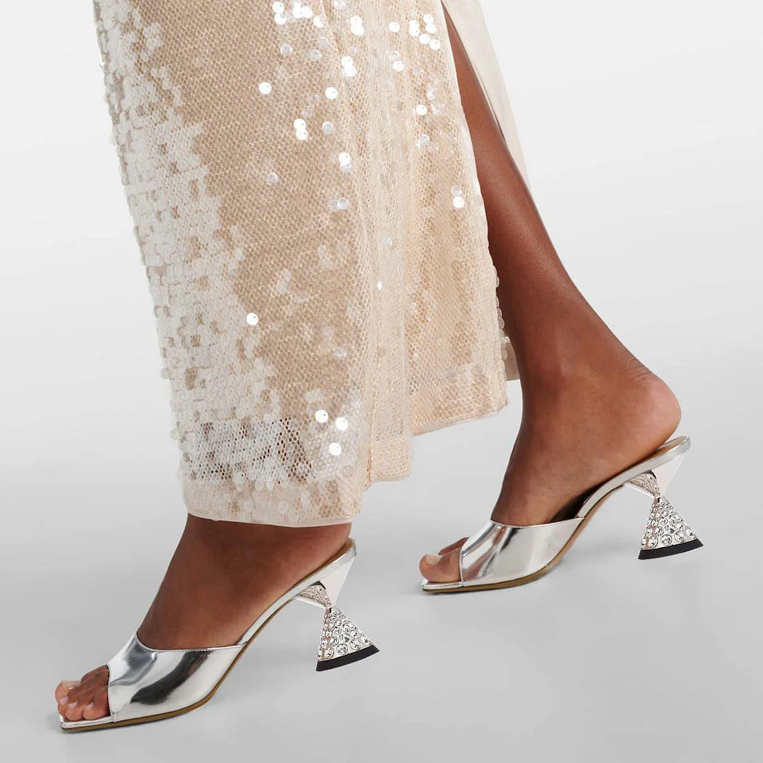 Silver Metallic Square Toe Rhinestone Sculptural Heel Mules Shoes