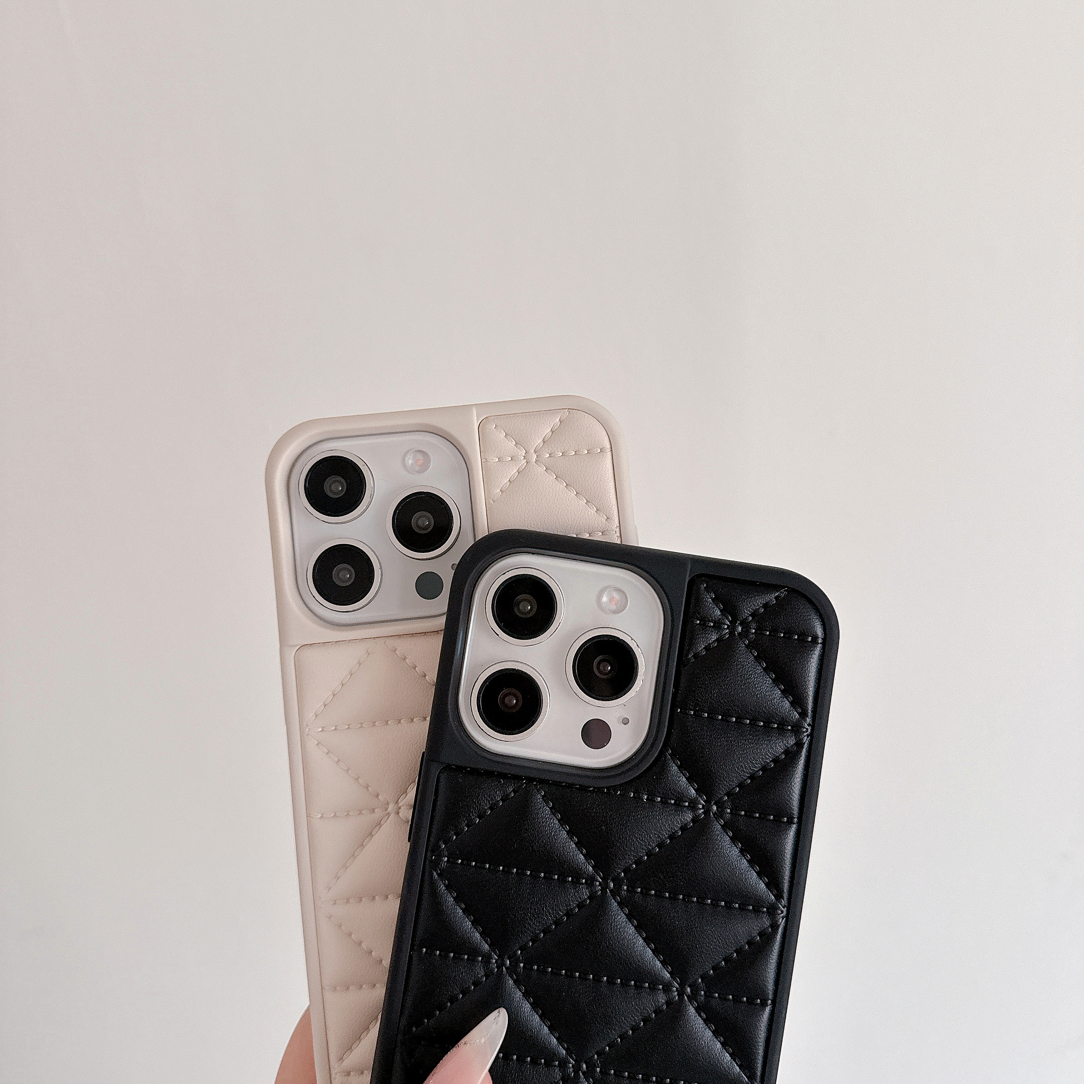Prada Elegant Metal Monogram Diamond-Quilted Lambskim Leather Apple iPhone Case