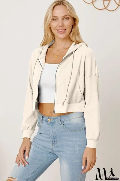 MidiSono - Waffle-Knit Drawstring Zip Up Hoodie