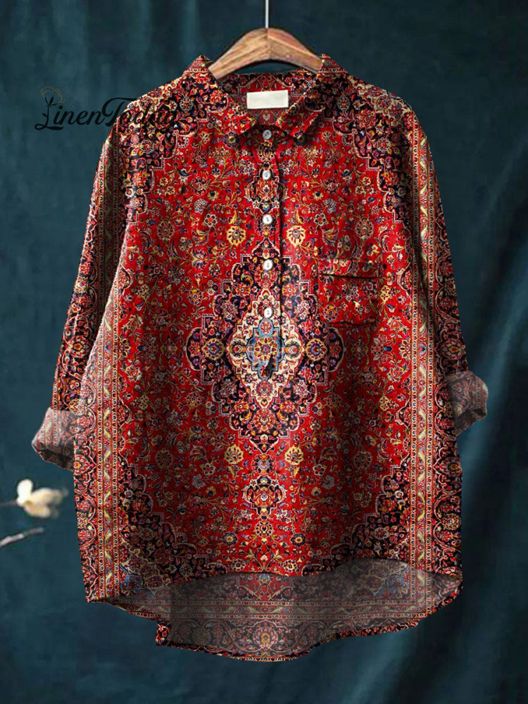 Women’s Vintage Art Print Casual Cotton And Linen Shirt Multicolor / 5Xl