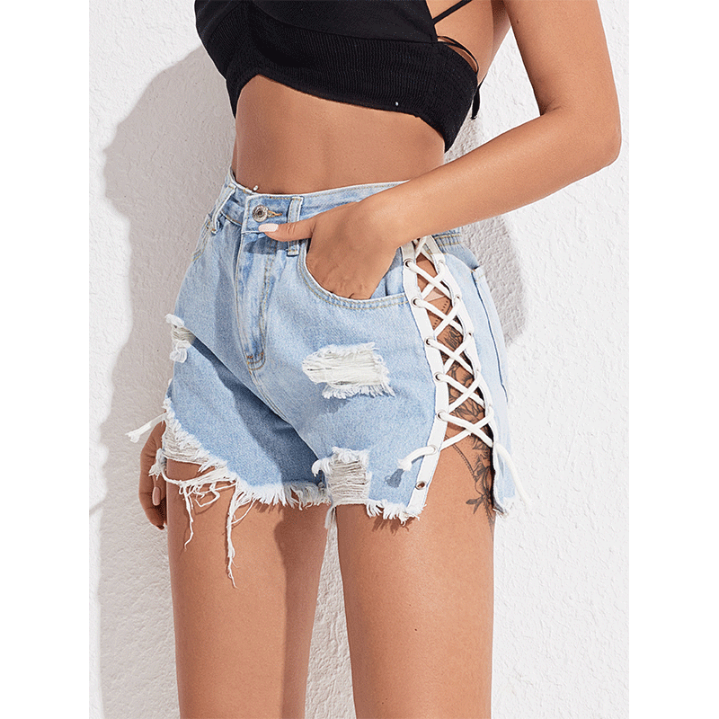 Women's High Waist Slim Lace-up Denim Shorts