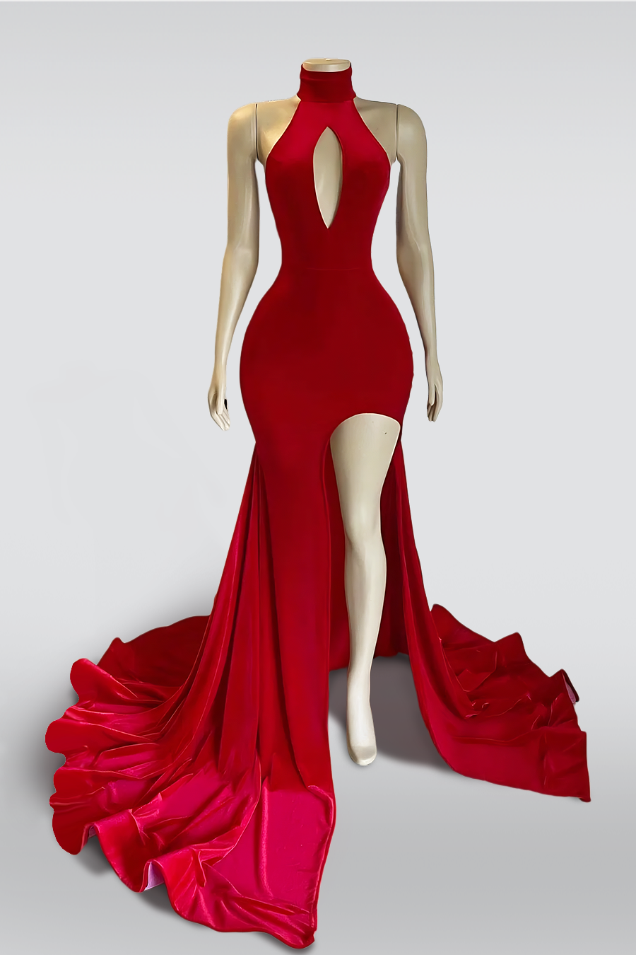  Elegant Red Front Split Mermaid High-Neck Prom Dress - ohprom