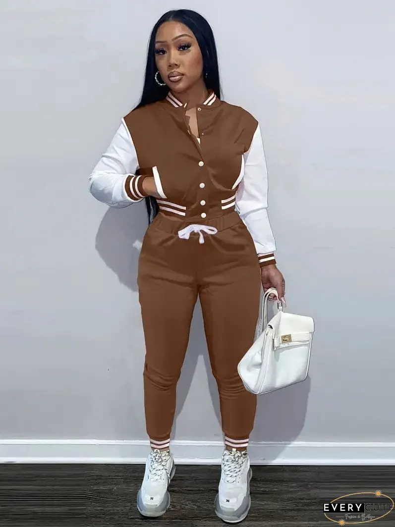 Stylish Women's Matching Set with Button-Up Bomber Jacket and Drawstring Pants