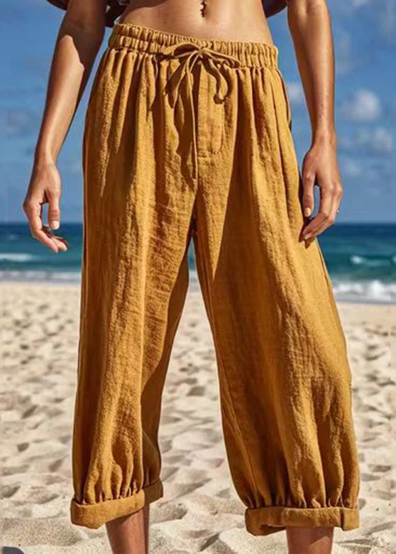 Handmade Earth Yellow Elastic Waist Crop Pants Summer