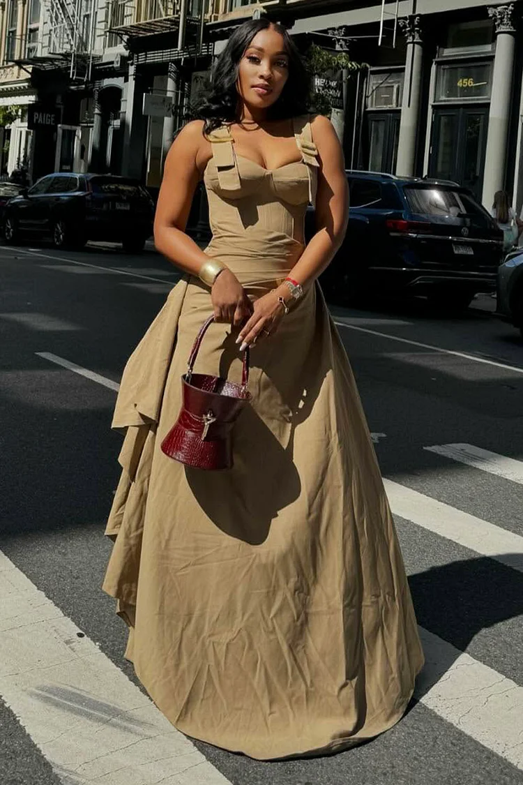 Straps Cinch Waist Sash Decor Cargo Sleeveless Maxi Dresses-Khaki [Pre Order]