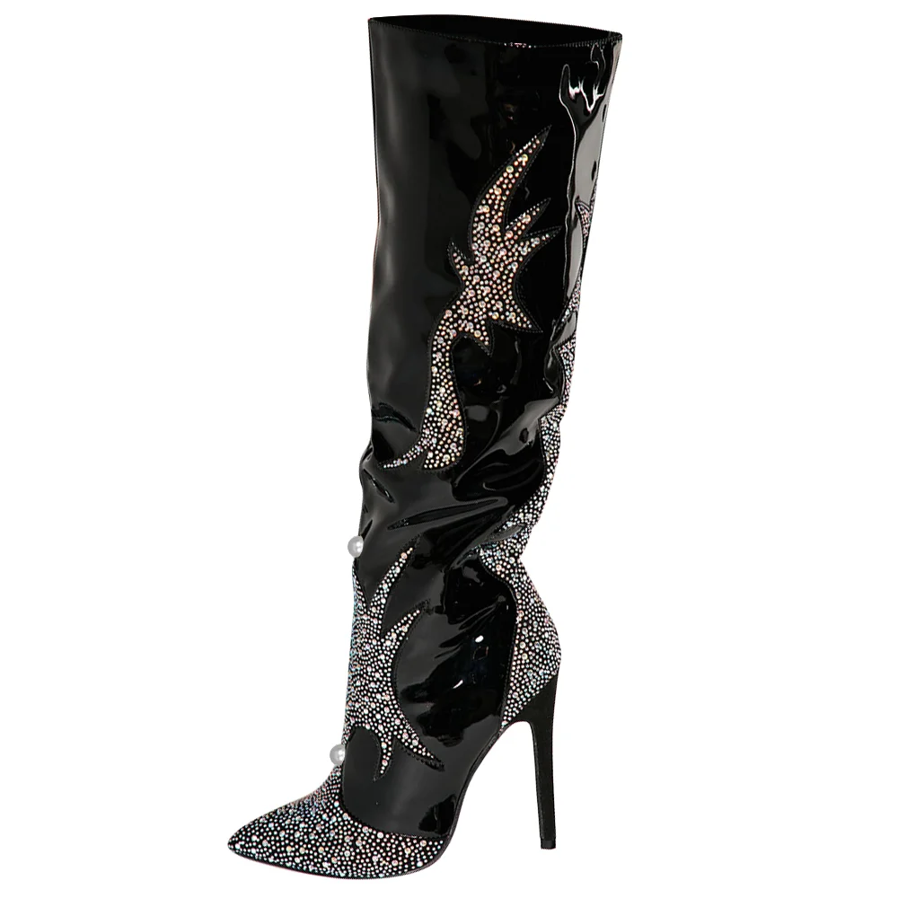 Patent Leather Knee Boots Rhinestone Decors Stiletto Boots Nicepairs