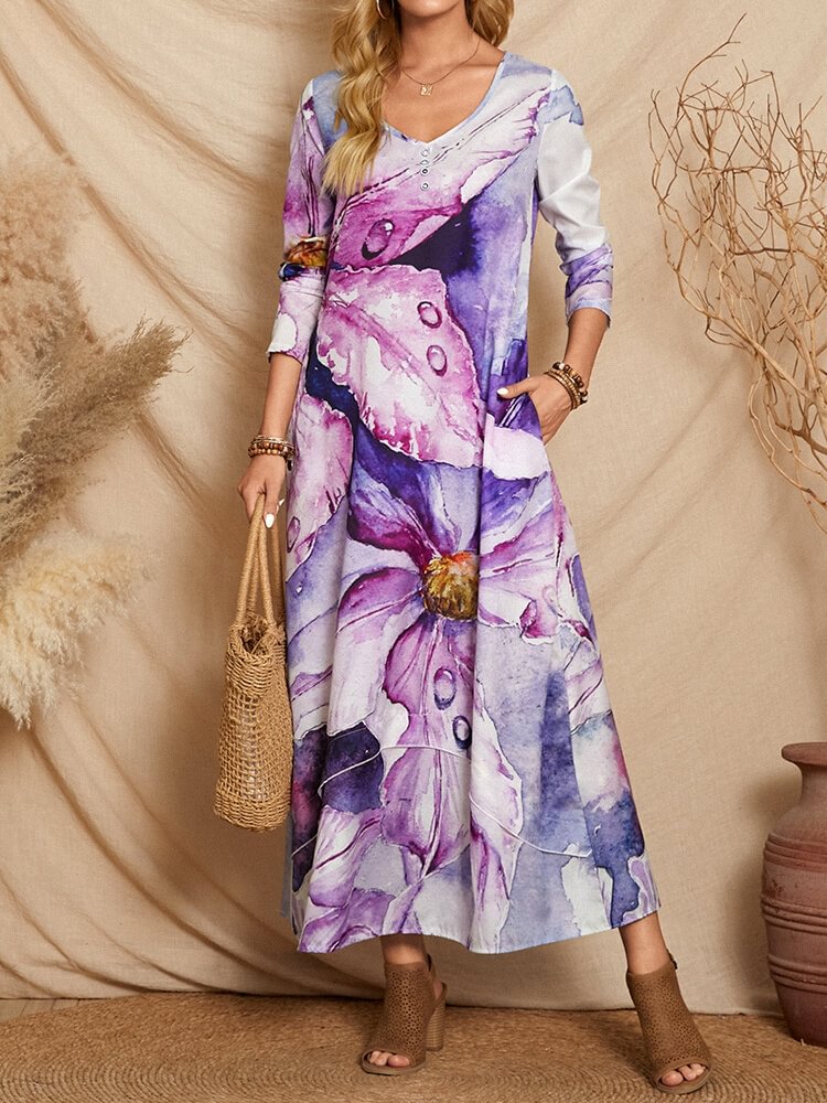 Flower Print Long Sleeve Button Pocket O-neck Maxi Dress - Shop Trendy Women's Fashion | TeeYours