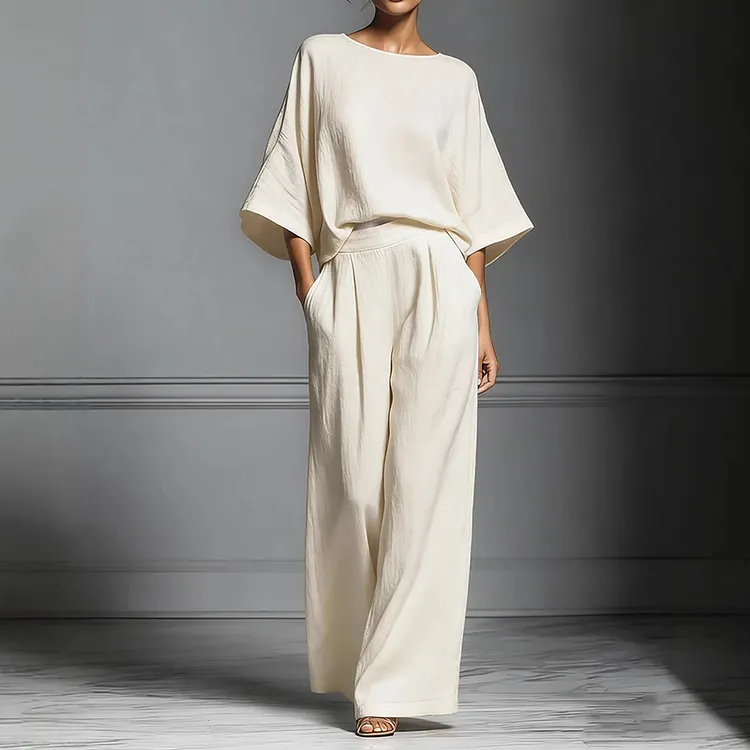 Elegant Bell Sleeved Linen Two-piece Set