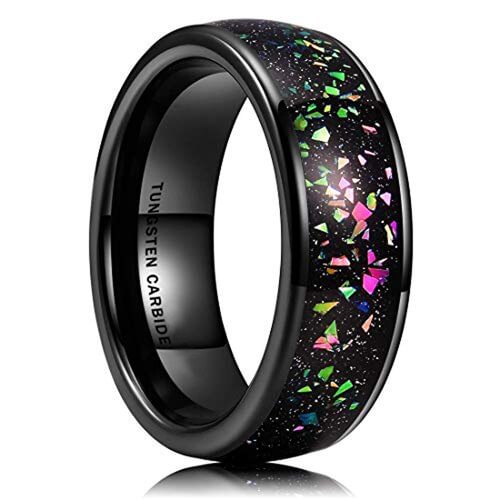 Men's Or Women's Tungsten Carbide Wedding Band Matching Rings,Wedding Ring bands Black with Rainbow Fragments Inlay,Domed Tungsten Carbide Ring With Mens And Womens For Width 4MM 6MM 8MM 10MM