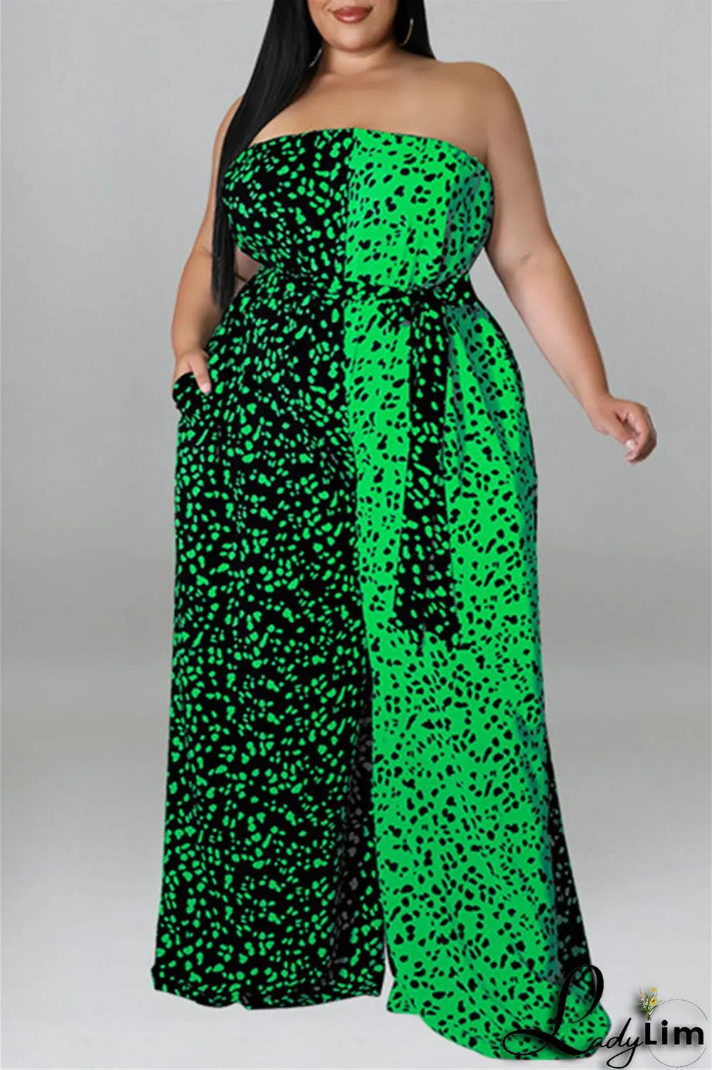 Purple Fashion Casual Print Split Joint Backless With Belt Strapless Plus Size Jumpsuits
