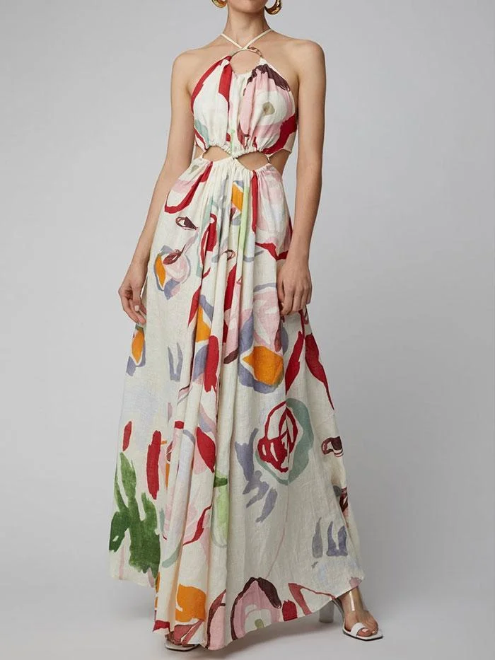 Large swing strap stitching printed beach dress