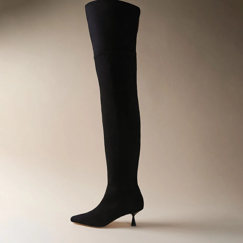Vegan Suede Kitten Heel Pointed Toe Thigh High Boots in Black