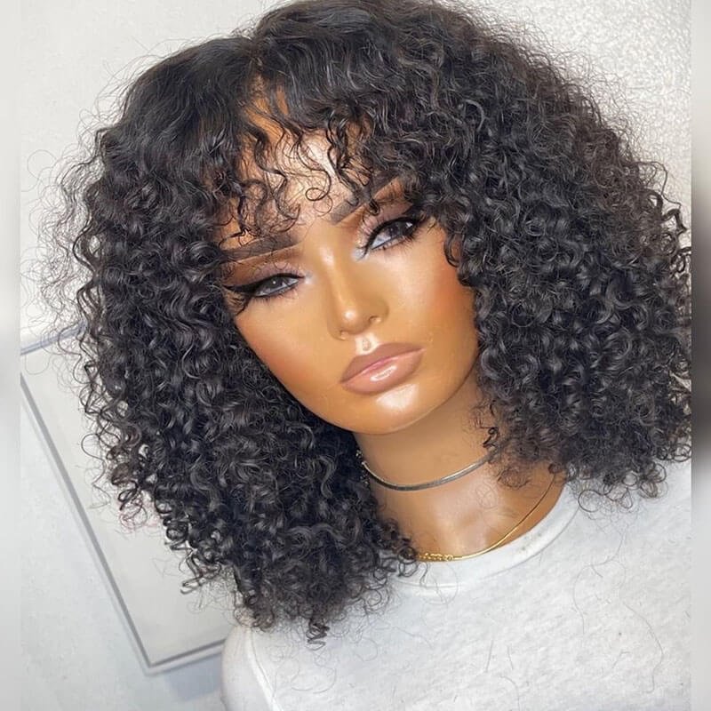 Kinky Curly Human Hair Wigs With Bangs Full Machine Made Jerry Curly Brazilian Remy Human Hair Wigs For Women Short Bob Afro Wig US Mall Lifes