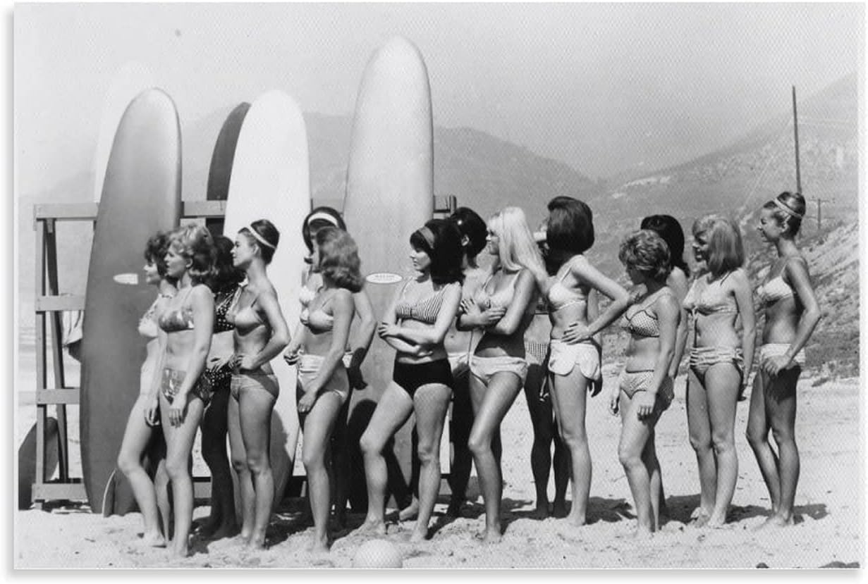 Sexy Girl Surfer Surfboard Retro Black and White Photo Beach Surfer Female Surfer Longboard Art Phot Canvas Painting Posters and Prints Wall Art Pictures for Living Room Bedroom Decor 24x36inch(60x90