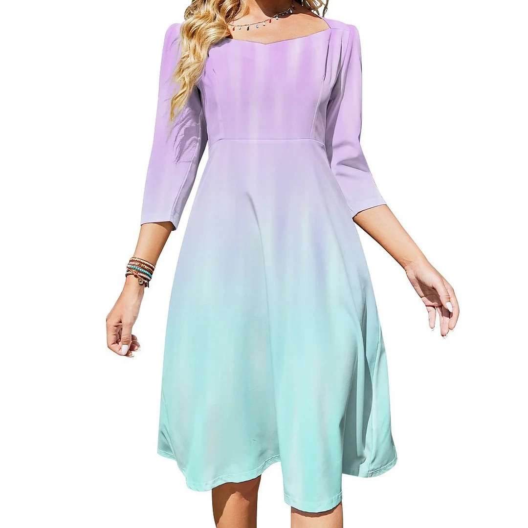 Pink Aqua Blue Pastel Gradient Ombre Girly Chic Dress Sweetheart Tie Back Flared 3/4 Sleeve Midi Dresses