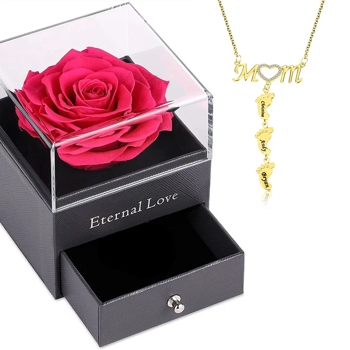 Vangogifts Eternally Preserved Real Roses with Mother's Necklace Set | Personalized Mother Baby foot Necklace | Best Gift for MOM,Wife,Girlfriend