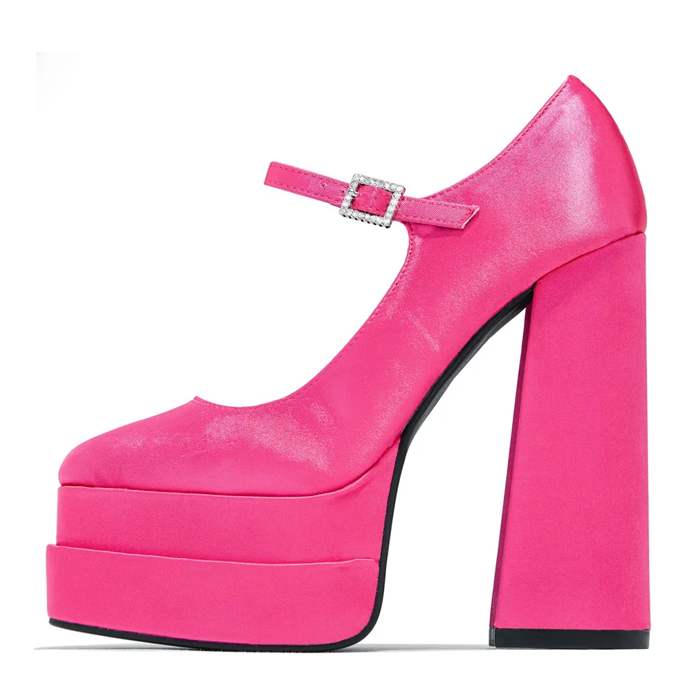 Pink Pointed Toe Platform Chunky Heel Ankle Strap Pumps Nicepairs