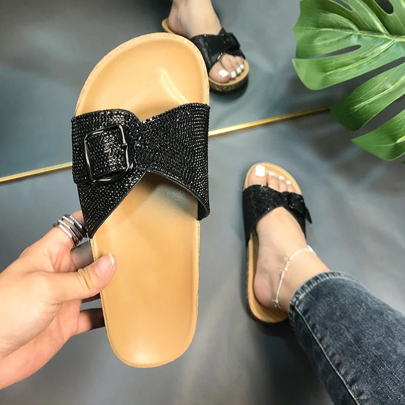 Women Sandals Fashion Metal Buckle Slippers 2021 New Female Chunky Shoes Women Flat Slip On Black PU Leather Platform Shoes