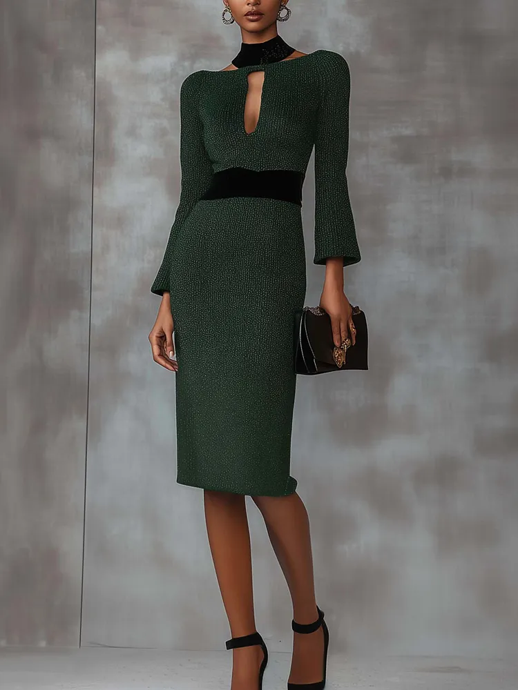 Emerald Green Knitted Midi Dress With Black Neckline And Belt