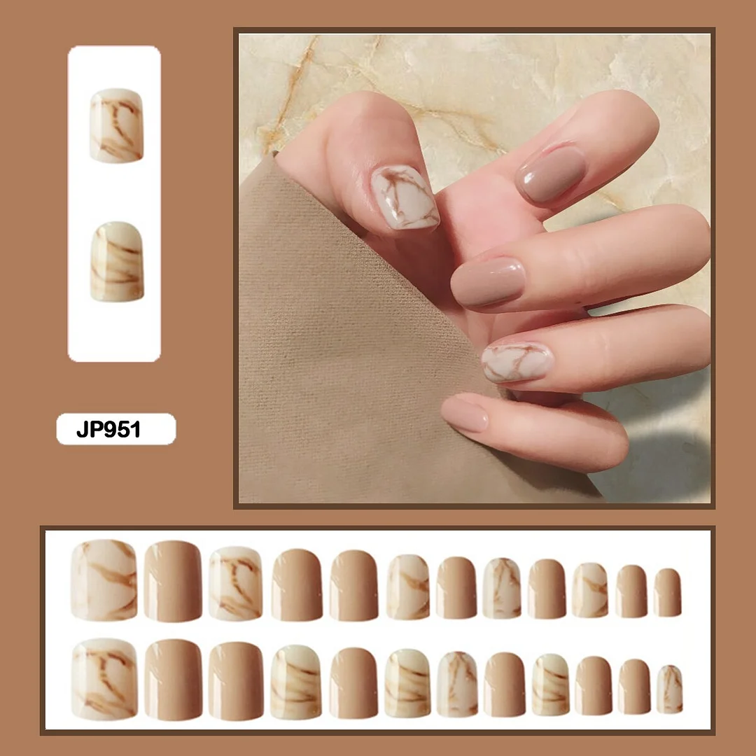 24pcs Gradient Amber Marble Texture Nails Art Long Trapezoid False Nails Wearable Fake Nails With Glue And Wearing Tools-Nail Inspo