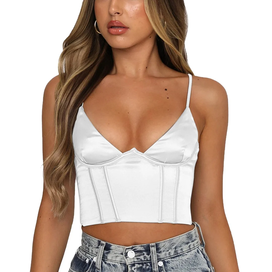 Sexy Spaghetti Strap Bustiers Bra Women Camisoles Solid Color Low Cut V-Neck Crop Tops Lady Club Party Vest Sling Slim Fit Camis
