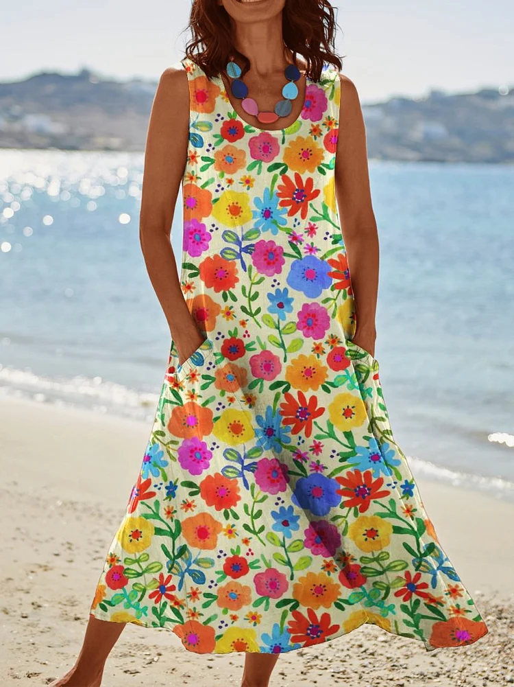 Multi-coloured Flower Print Womens Pocket Pinafore Linen Dress